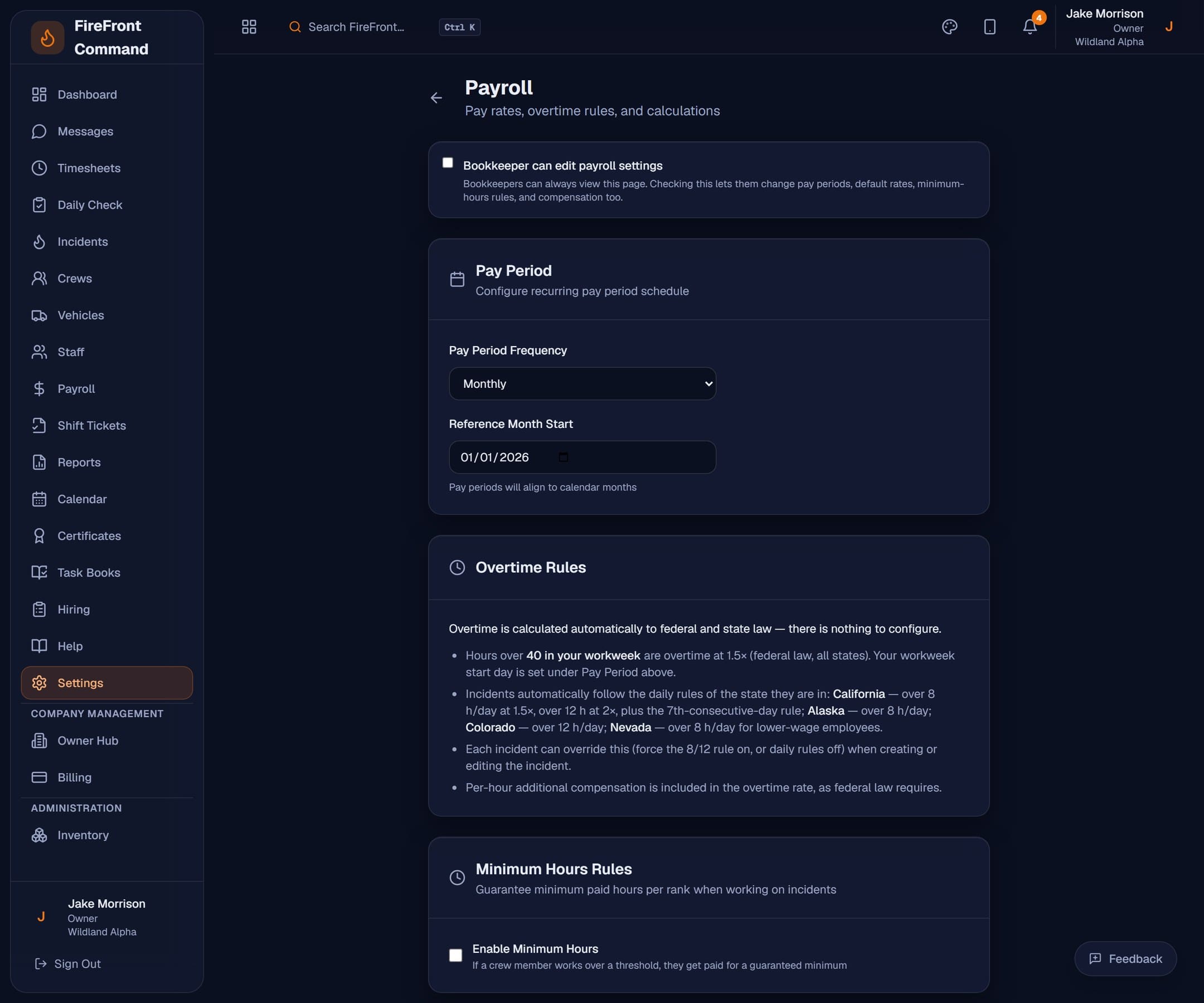 Payroll settings in FireFront Command, showing the federal and per-state overtime rules