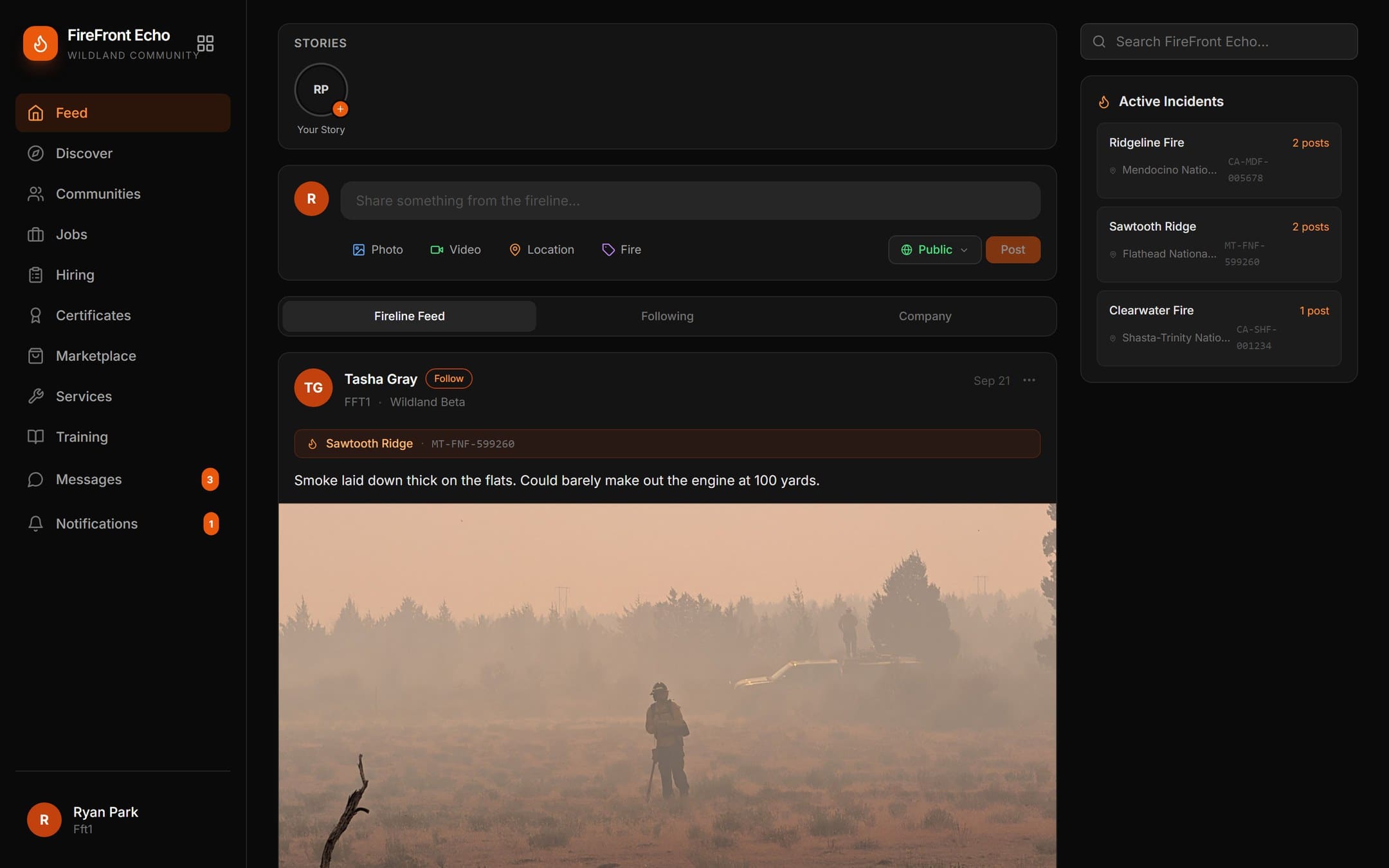The FireFront Echo feed — photos shared by crews on the line