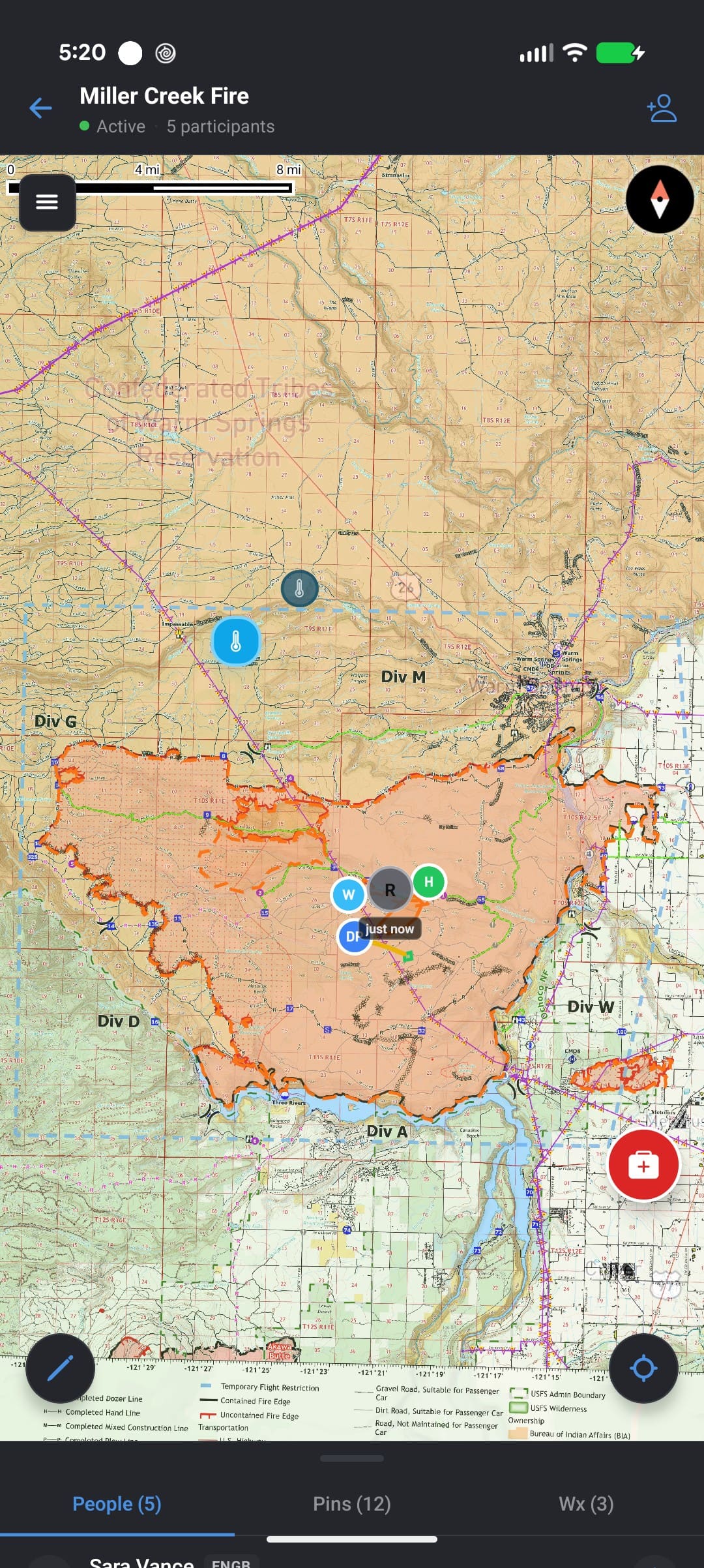 FireFront Maps on a phone, the incident operations map drawn over the terrain